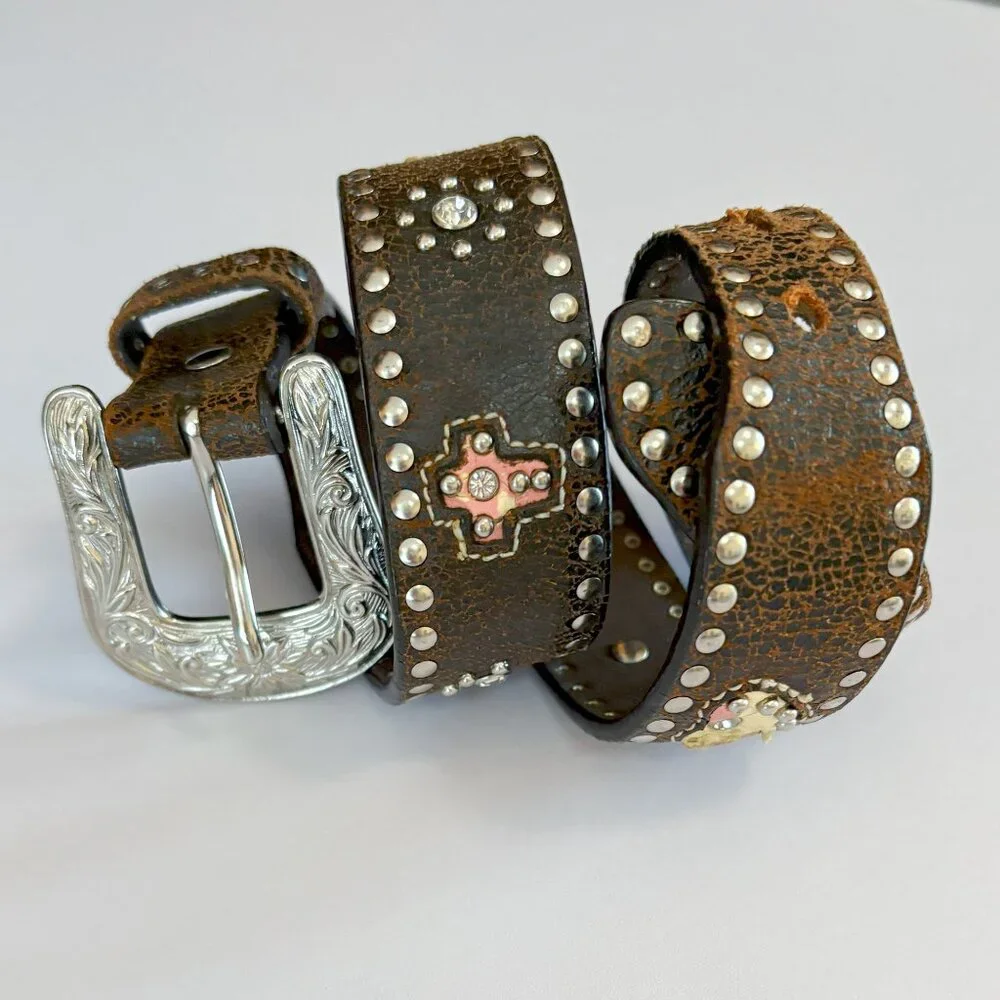 Nocona Girls Leather Western Belt Studded Rhinestone Hearts Cross Studs Brawn 22